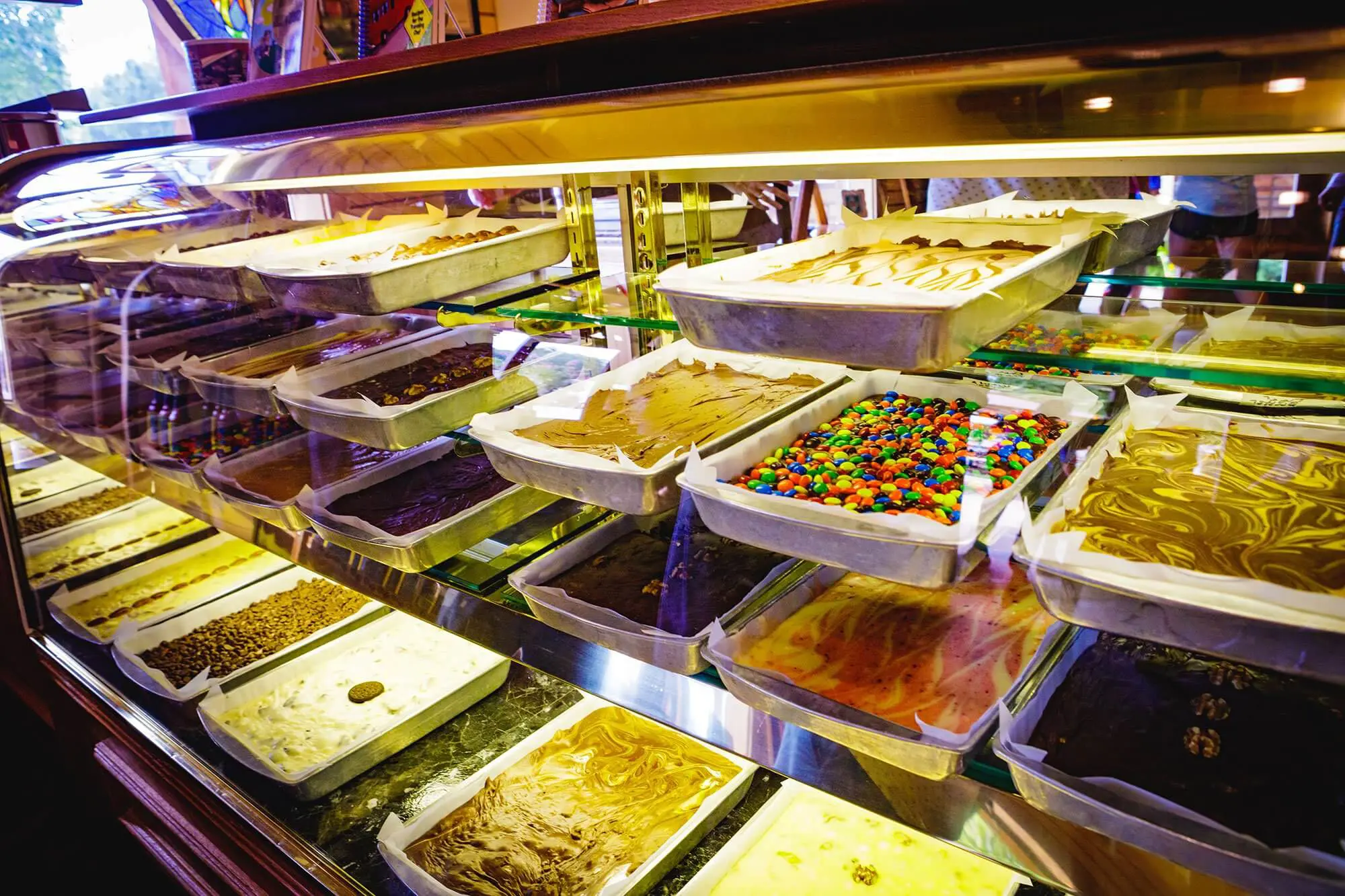 Angled photo of all of the delicious fudge for sale at the Meramec Caverns candy shop