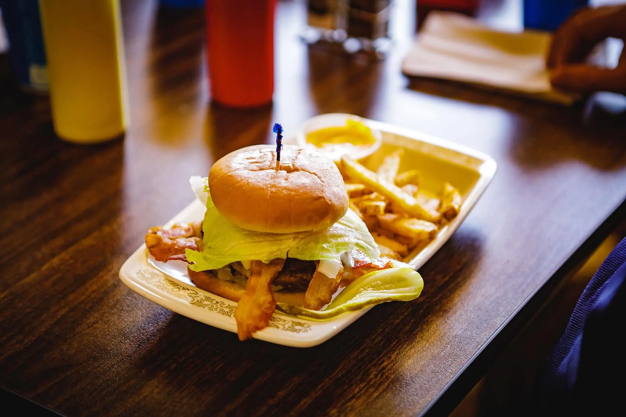 Bacon cheeseburger for sale at the Meramec Caverns restaurant