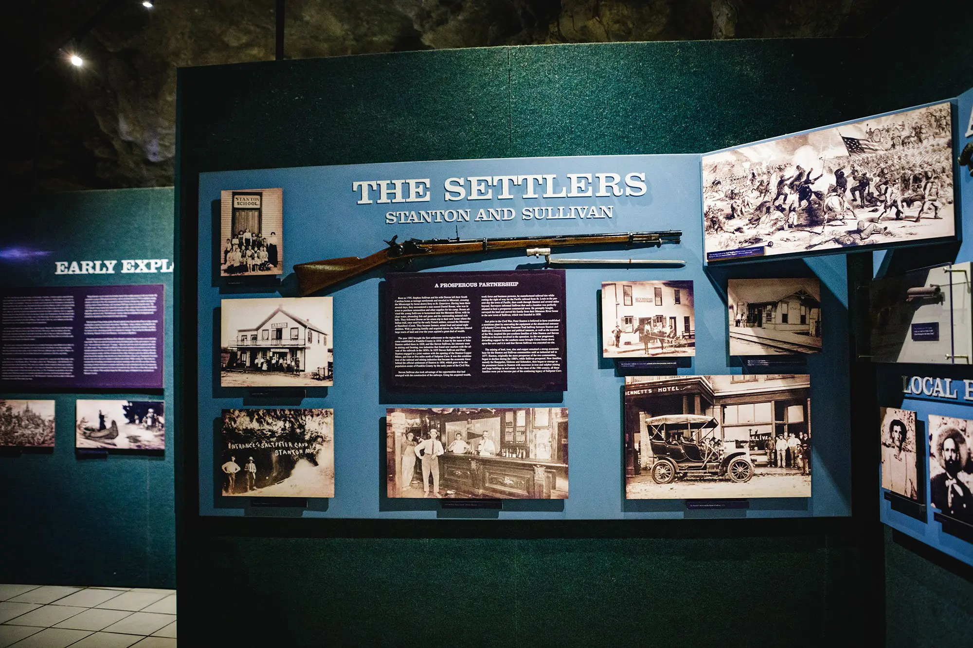 Close up photo of The Settlers board inside of the Meramec Caverns museum