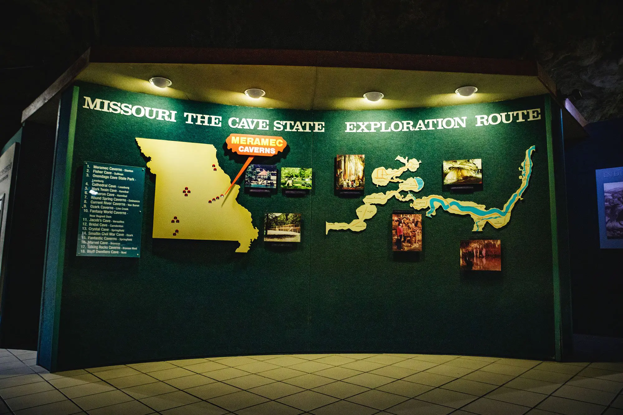 Museum board of the Meramec Caverns exploration route and all of the caves in Missouri