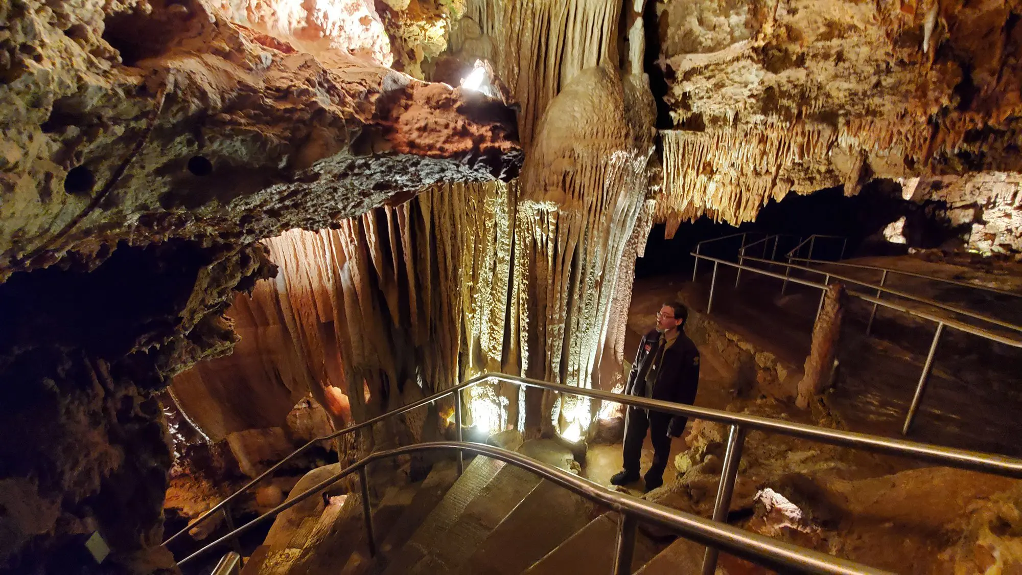 Intersection of ramps and stairs inside of Meramec Caverns