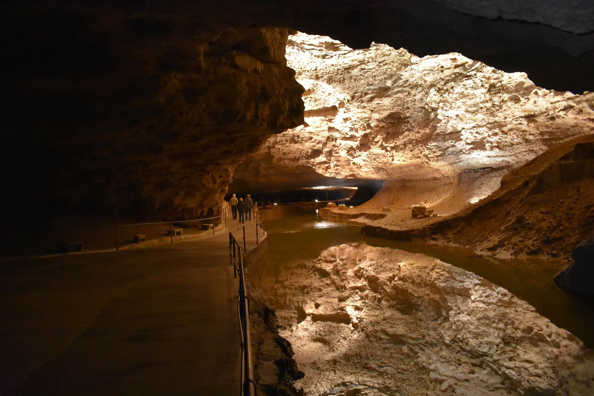 The Mirror Room is a room within the cavern that contains a stream of water about 1.5 ft deep. However, when a group of lights are turned on, the depth of the water is perceived by many to be as great as 50 ft, due to the reflection of the cavern's roof on the undisturbed water.