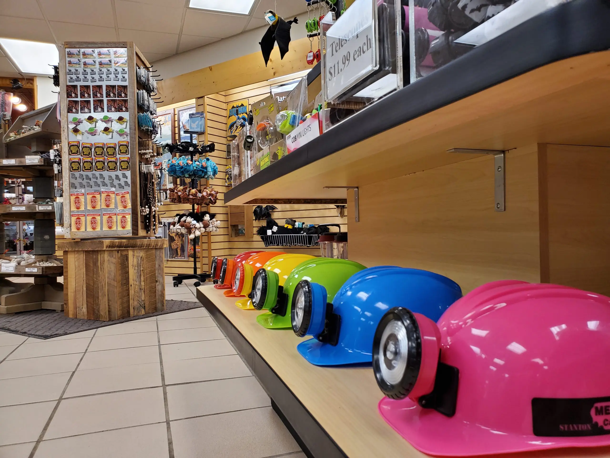 Lighted cave helmets on the shelf at the Meramec Caverns gift shop