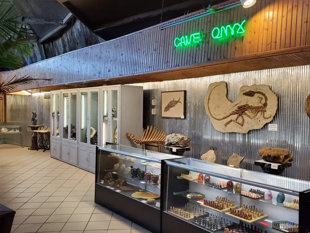 Glass display cases inside of Meramec Caverns